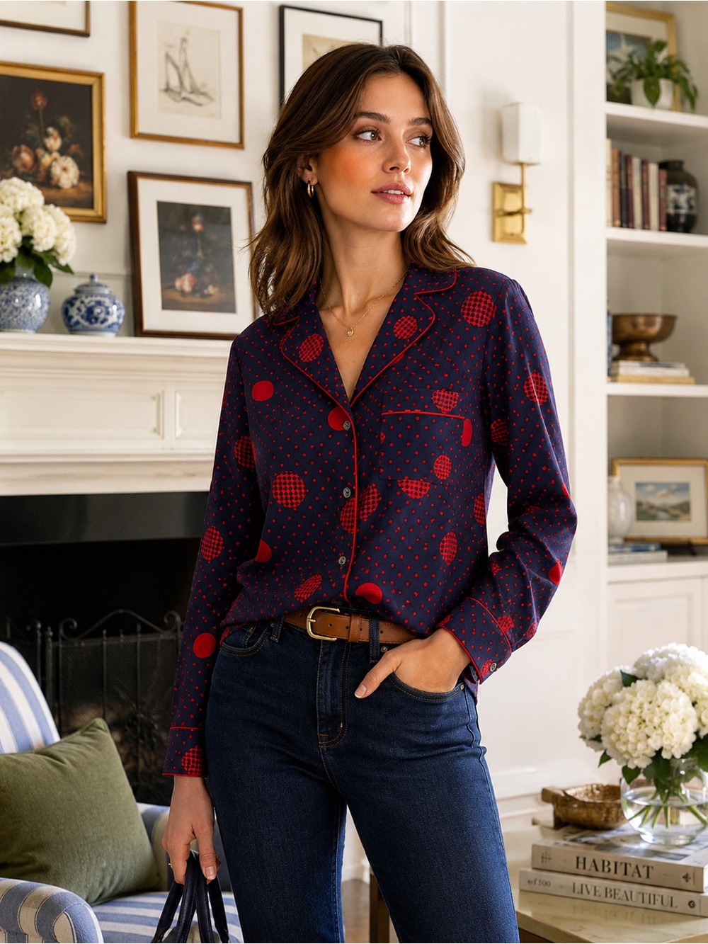1901 Blue & Red Polka Dot Button Up Shirt Contrast Piping Pajama Style Blouse